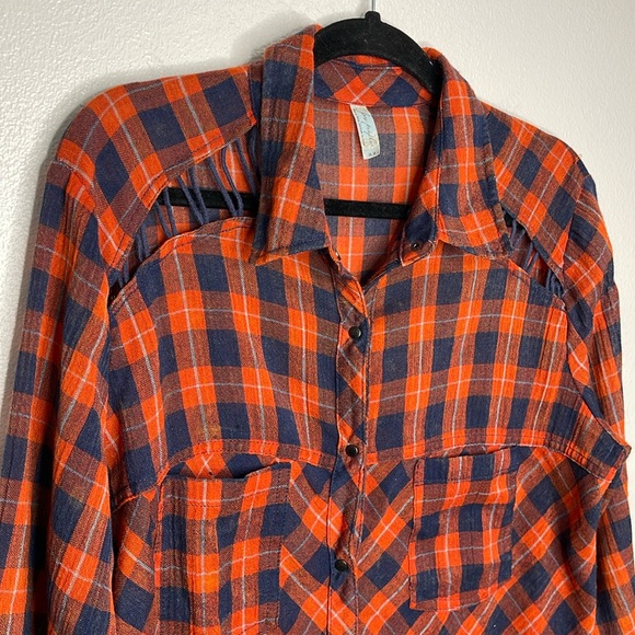 Free People Tops - Free People orange and navy plaid button shirt M
